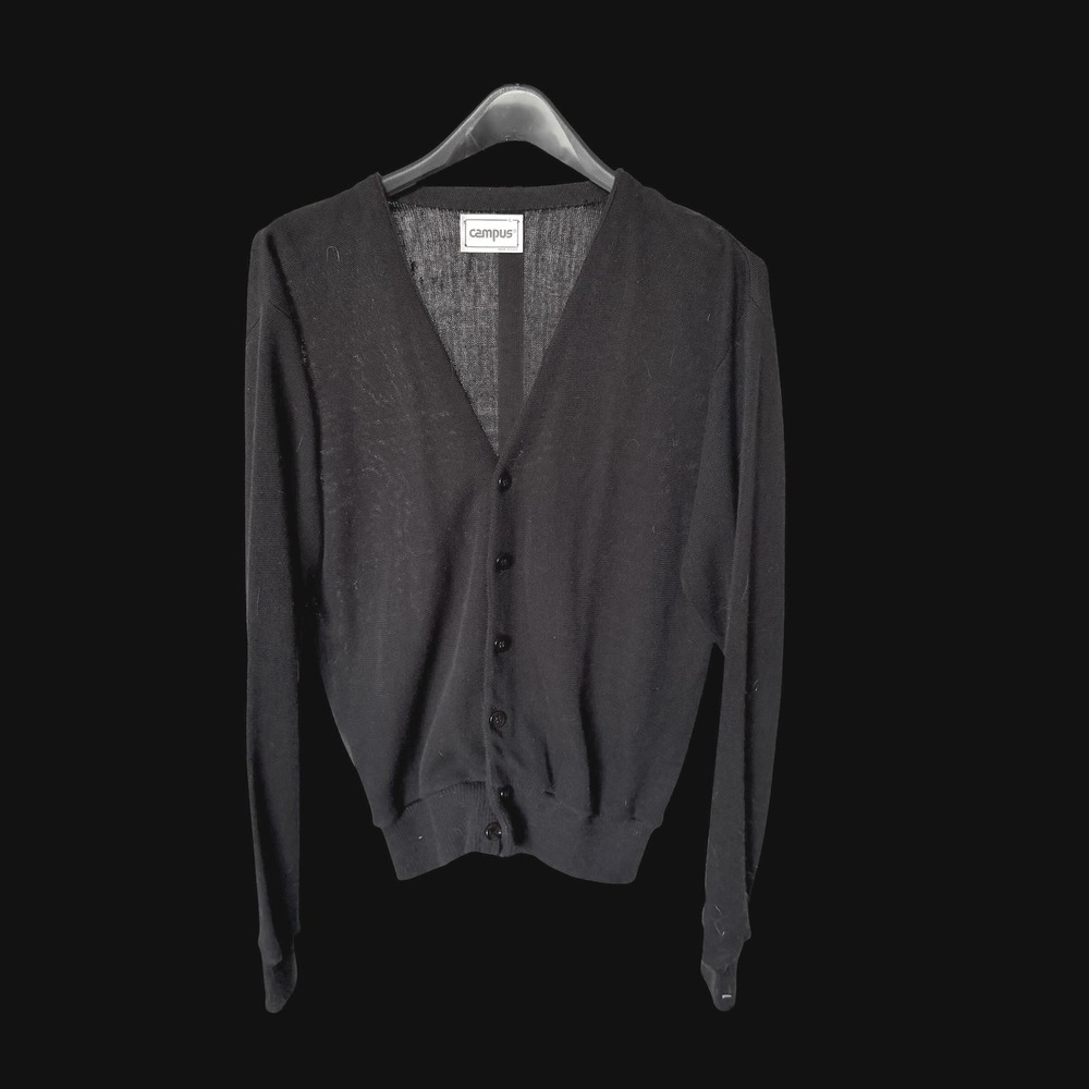 70's Campus Vintage Black V-Neck Button Front Cardigan Sweater Made in USA M/L